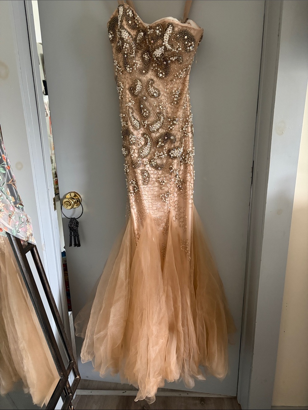 Jovani Gold Beaded Tulle Mermaid Gown